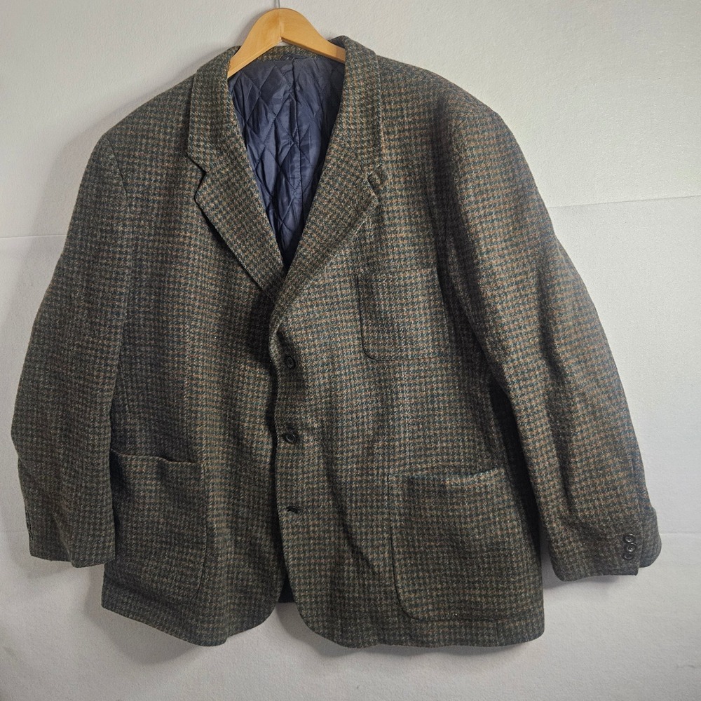 Vintage LL Bean Thinsulate Wool Houndstooth Blazer Jacket Made in USA Brown 52R